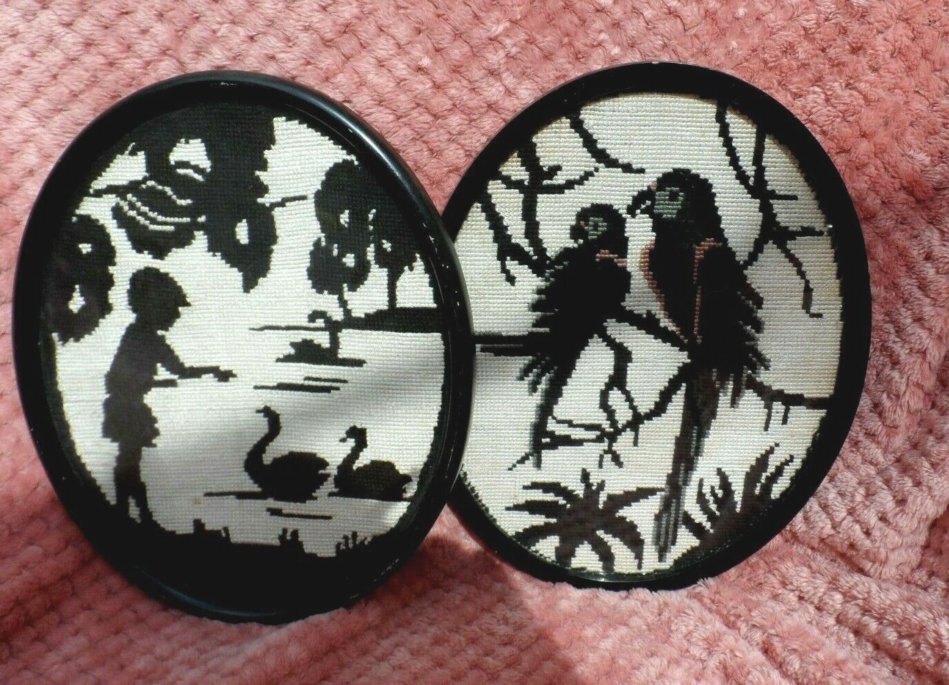 A pair of Beautiful  Antique/vintage oval frames needlepoint  Silhouette/birds