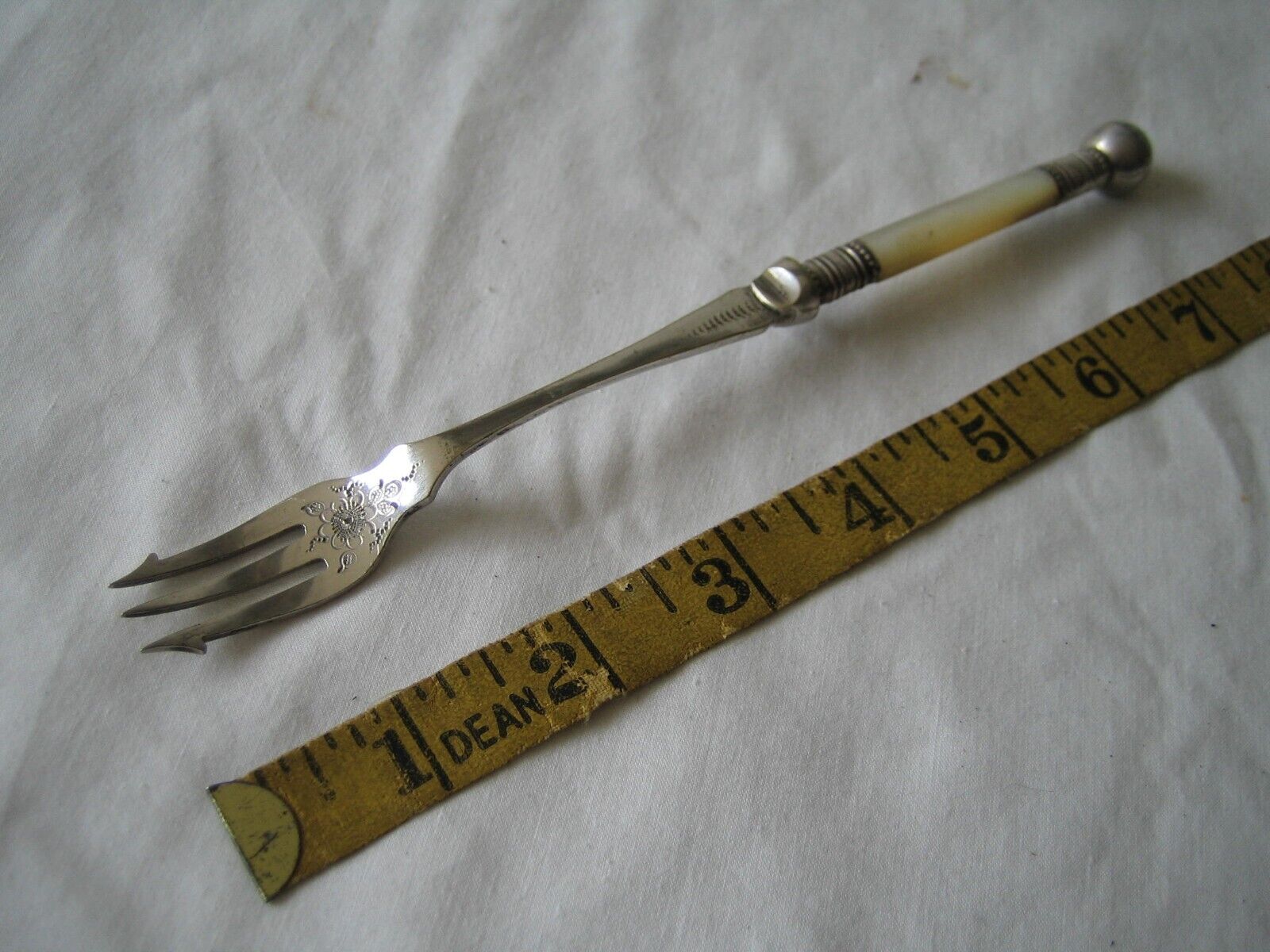 Beautiful antique mother of pearl silver plate pickle fork Edward Bradley 1841 -