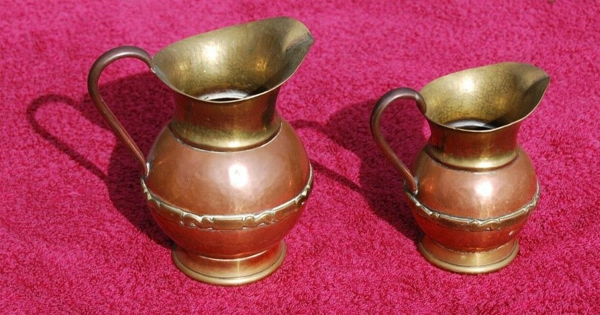 2 vintage retro copper and brass jugs 15cm and 11cm tall