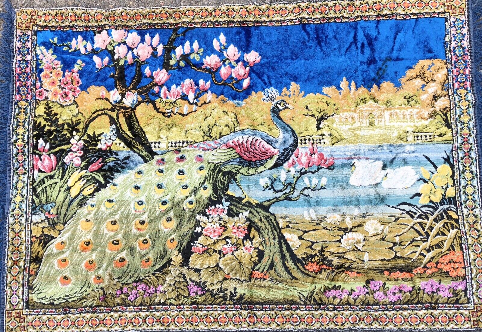 Vintage 1970s Turkish / Italian Tapestry Peacock Wall Hanging Rug Brushed Velour