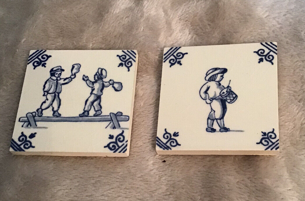 Pair Of Mini Reproduction Delft Tiles Featuring Children Playing Blue & White