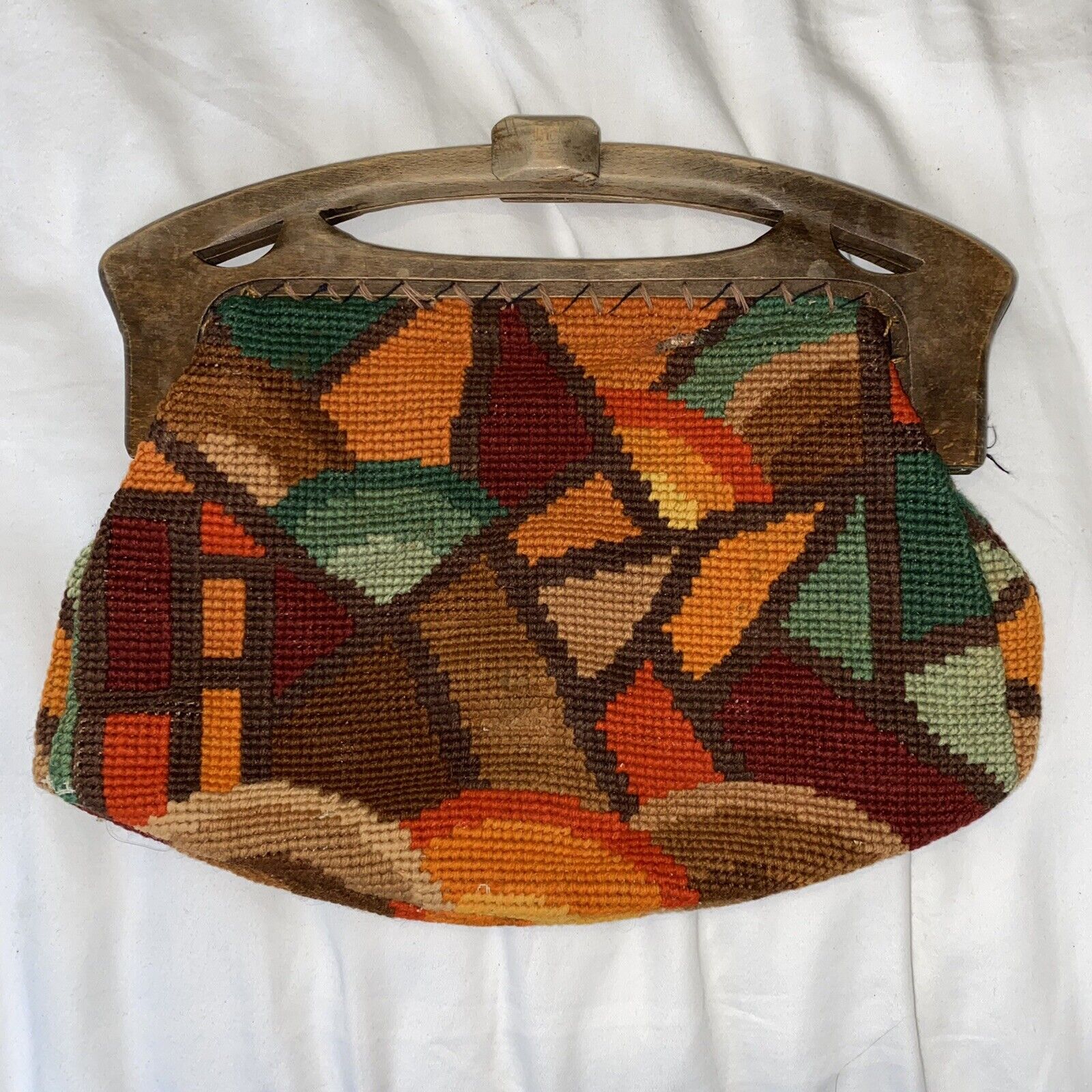 Vintage - Art Deco - Crochet handbag - wooden handle - multicoloured