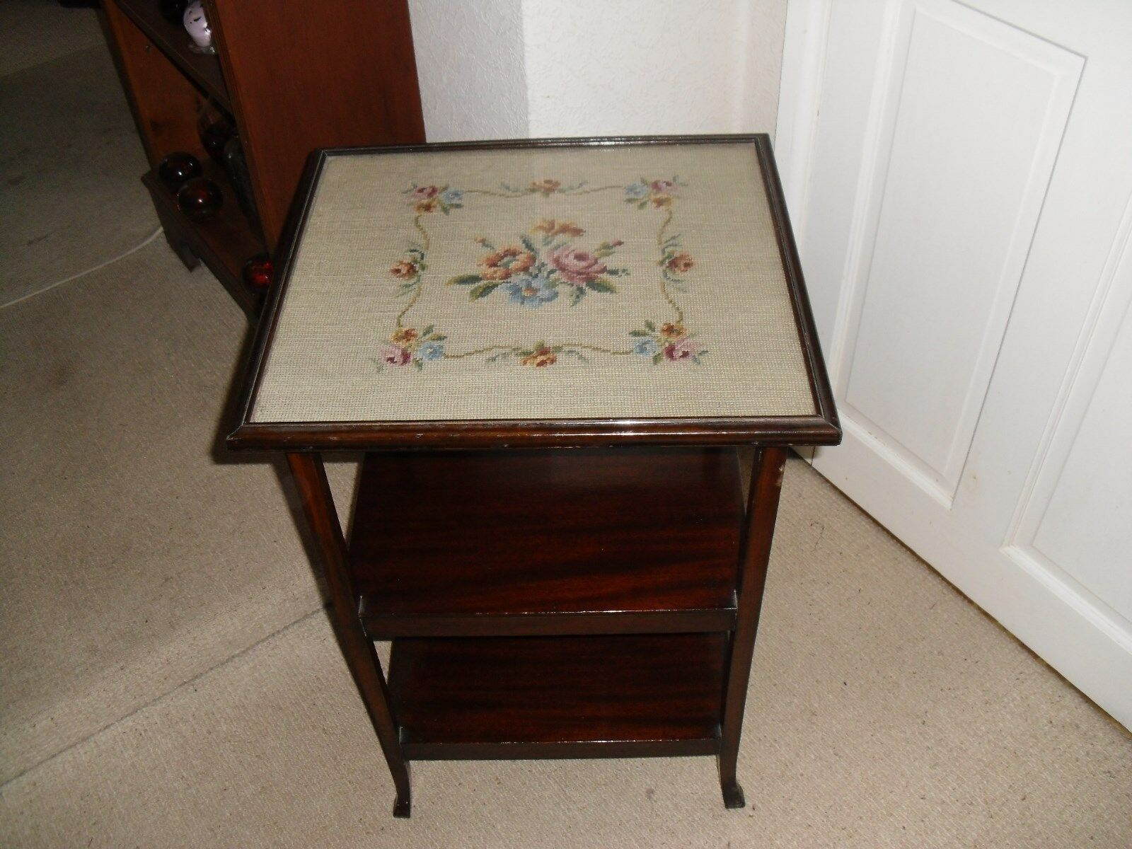 Antique / Vintage Tall Side Table, Glass Protected Tapestry Top, Two Shelves