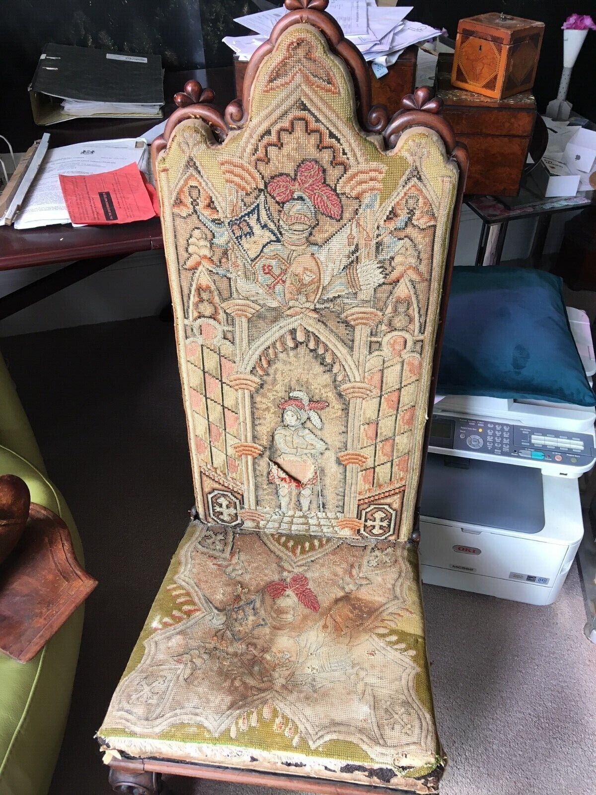 Antique walnut hall chair, tapestry. Gothic, Church.