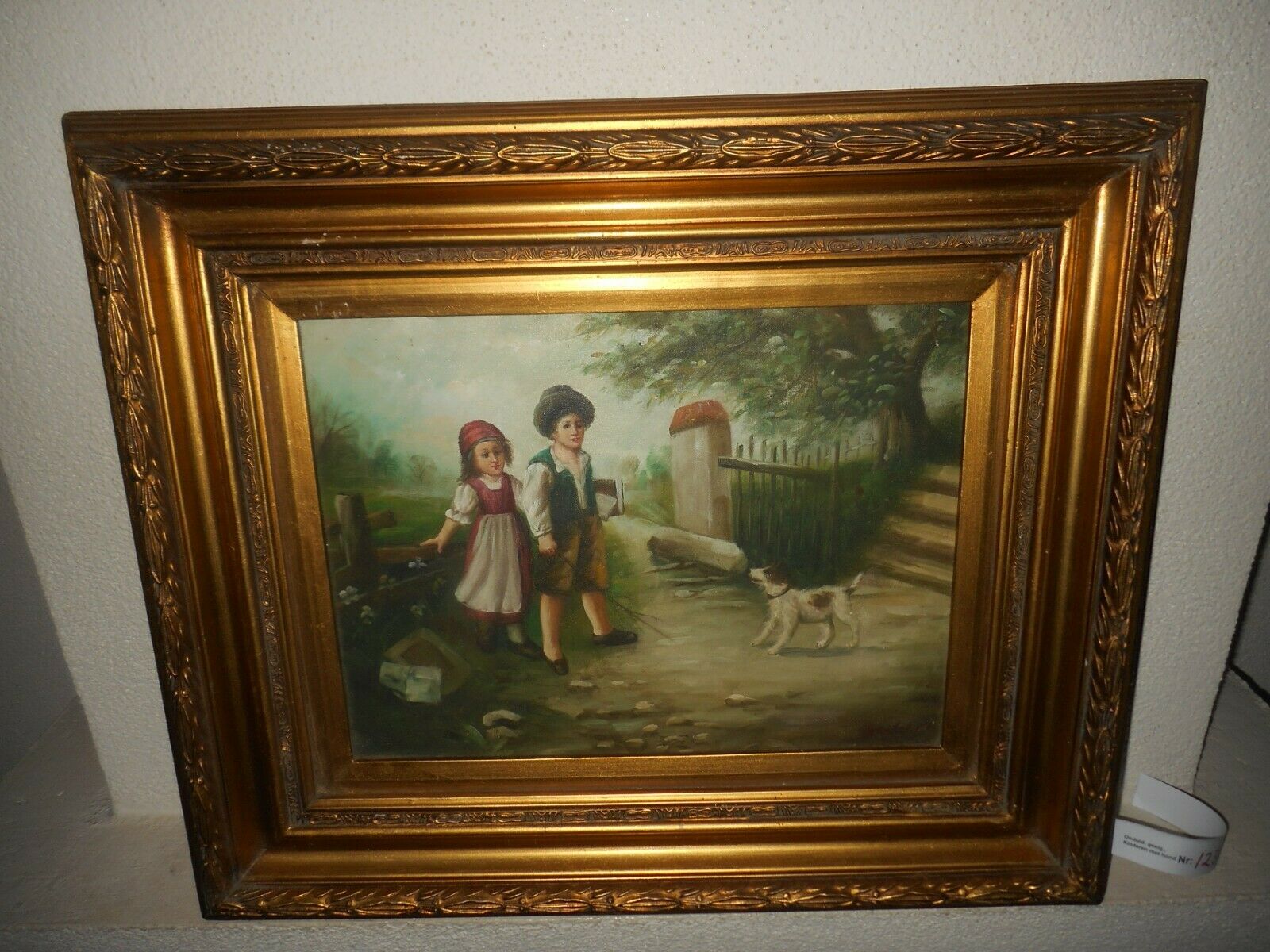 Old oil painting, ( Two childeren with a dog barking, is signed, great frame!}