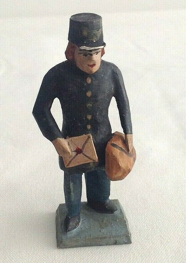 Antique naive hand carved wood wooden post man miniature figure German