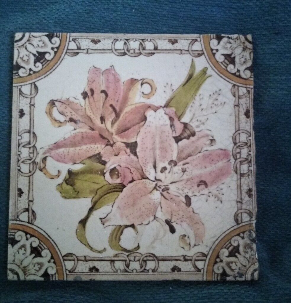 RECLAIMED  FLORAL LILY TRANSFER PRINTED TILE  BY Derby Tile Comp 1885-1900