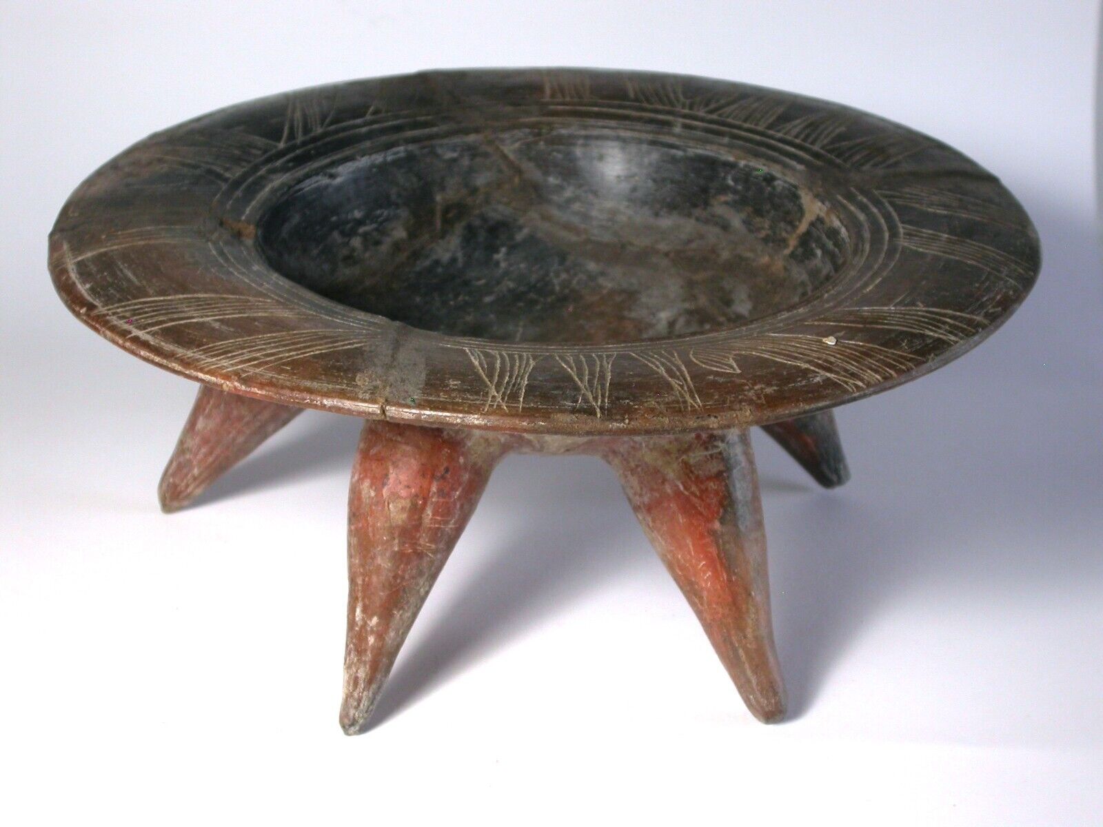 Antique Mexican Pre Columbian Period Pottery Bowl with Five Legs Aztec, Mayan...
