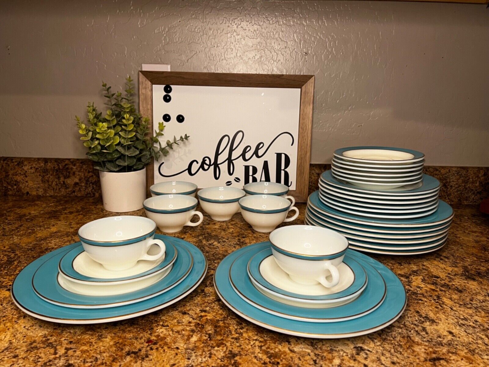 31 piece turquoise with gold trim Pyrex milk tea set 