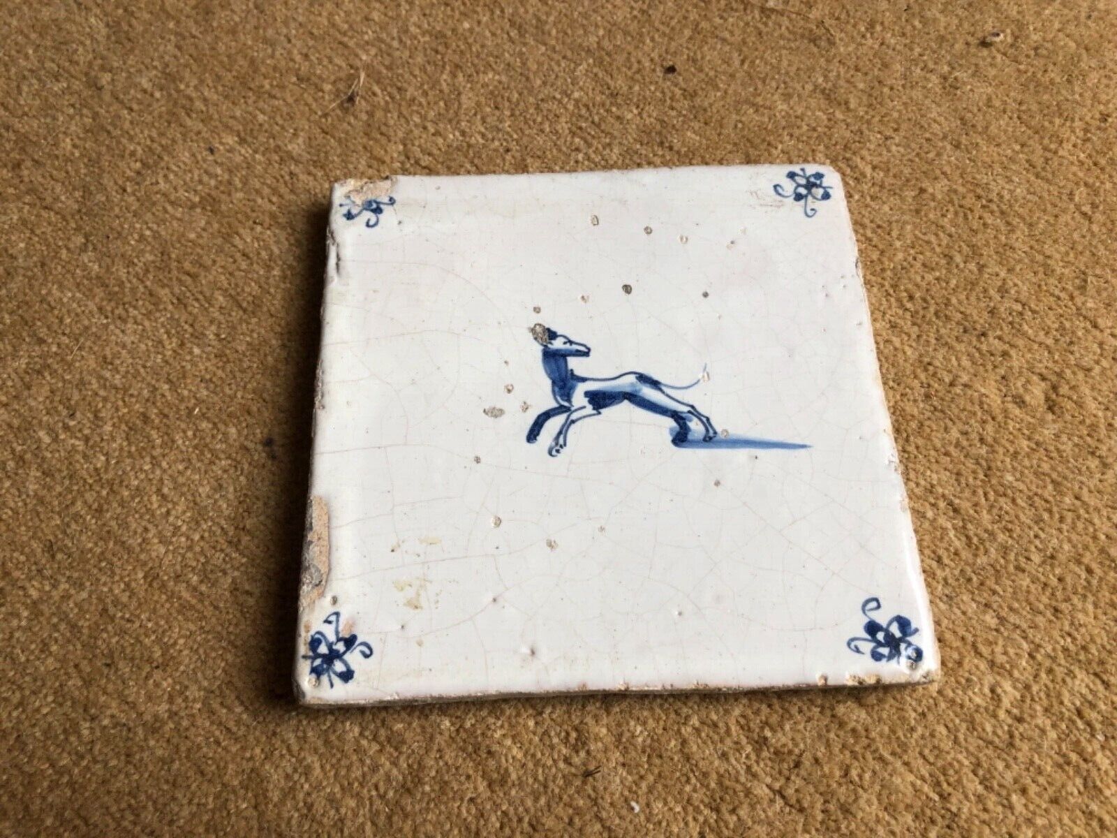 Authentic antique delft tile dog greyhound