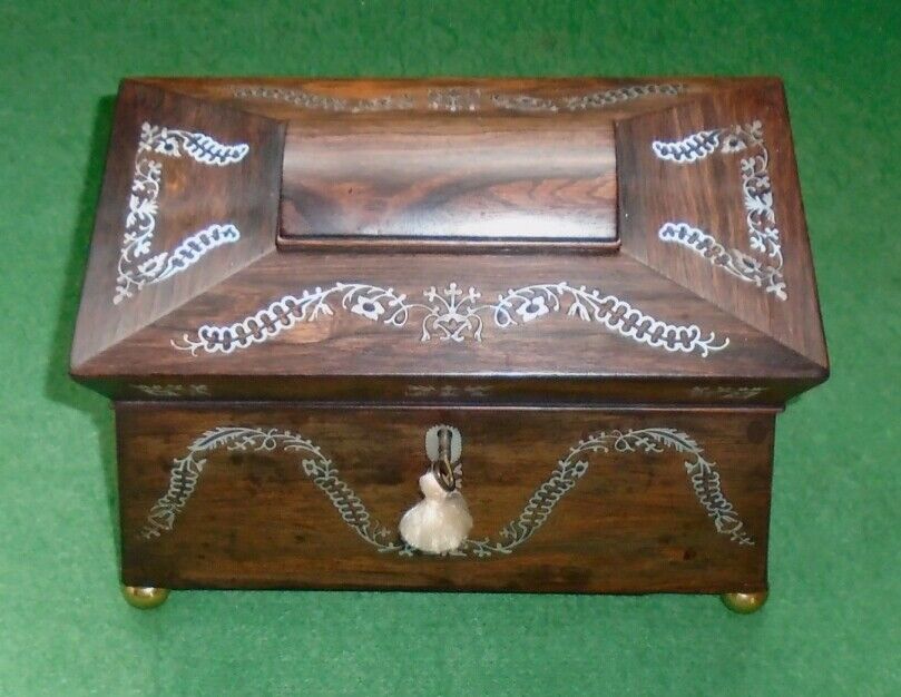ANTIQUE BOX SUPERB ROSEWOOD & MOTHER OF PEARL TEA CADDY SARCOPHAGUS FORM c 1840