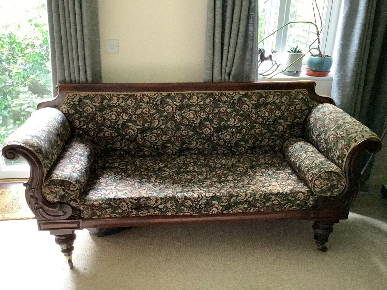 Victorian Mahogany Sofa With Tapestry Upholstery And Scrolled Arm Rests…