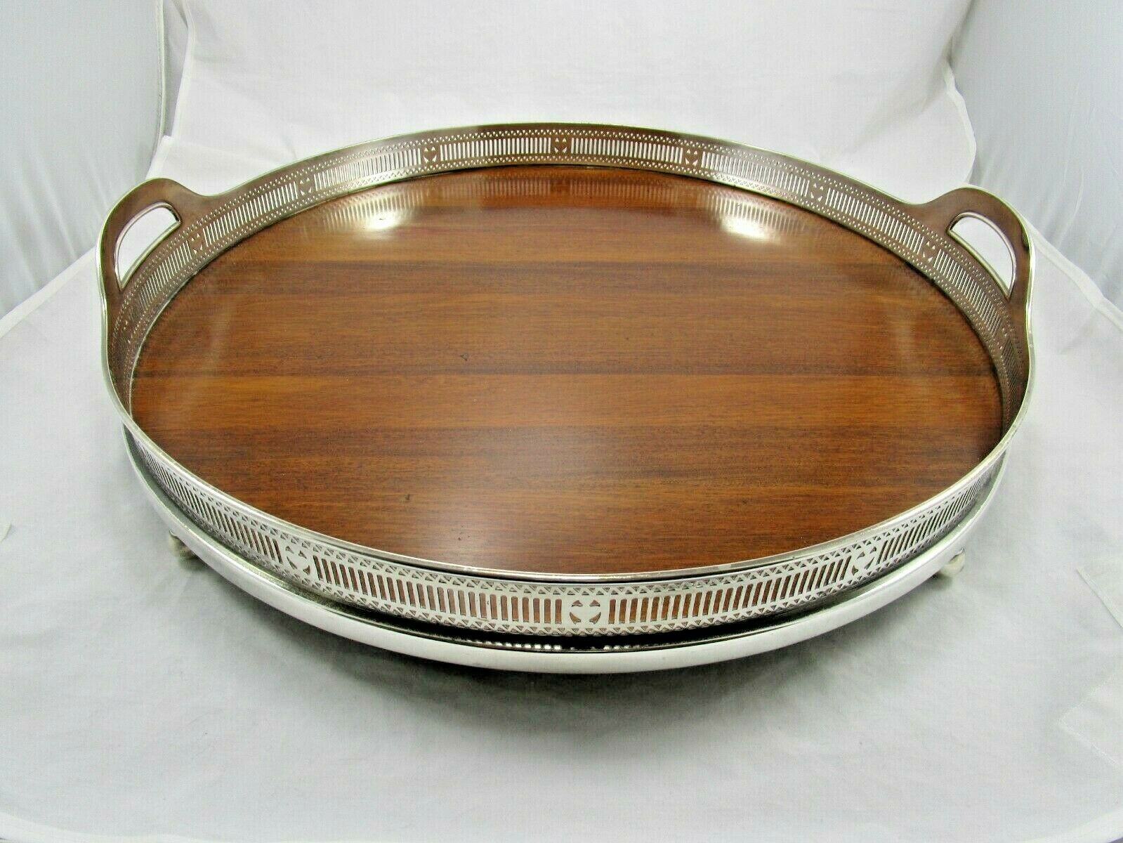Ant. Gorham Silver Plate & Mahogany Wood 20" Round Handled Gallery Footed Tray