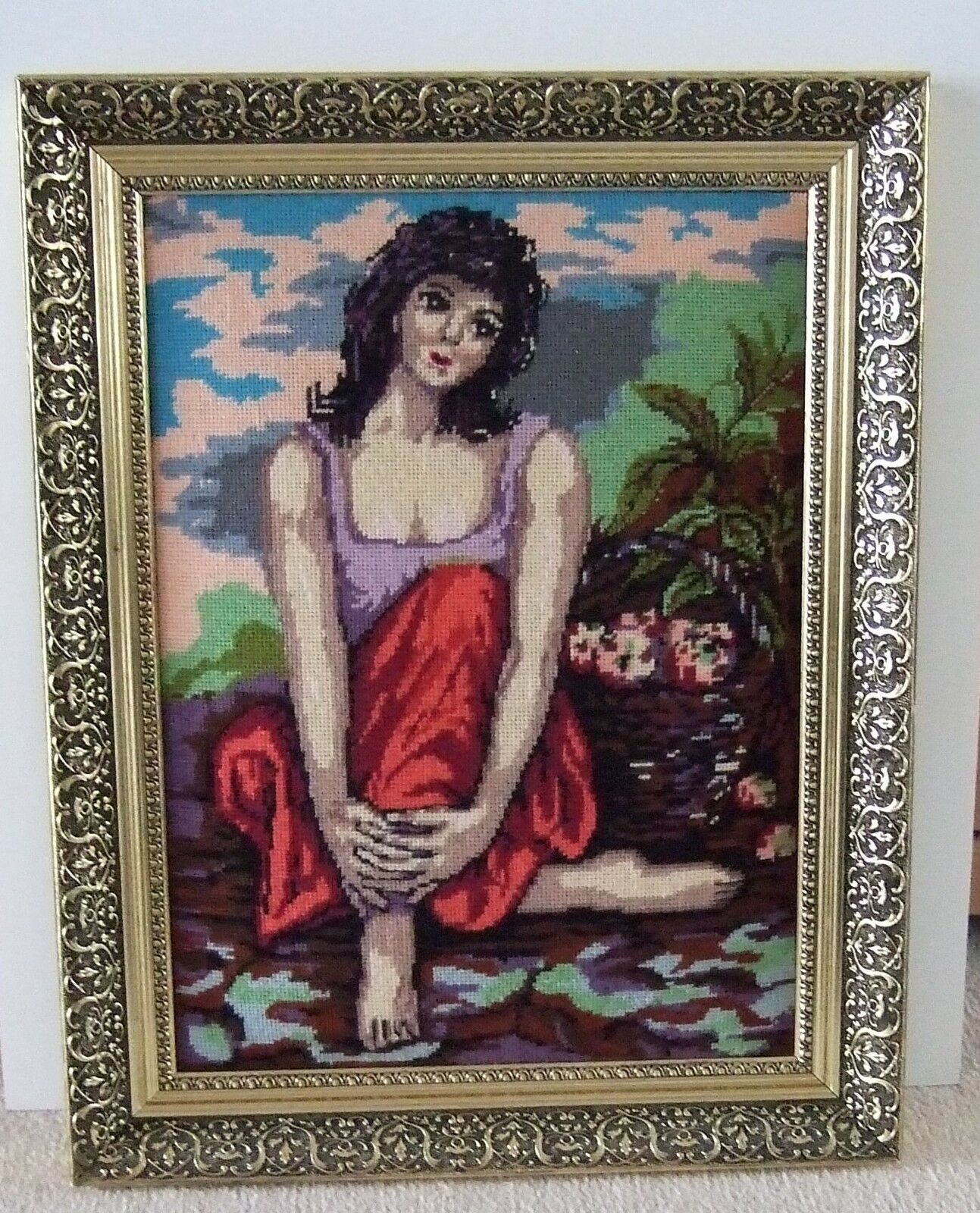 Beautiful framed embroidered tapestry of dreaming lady