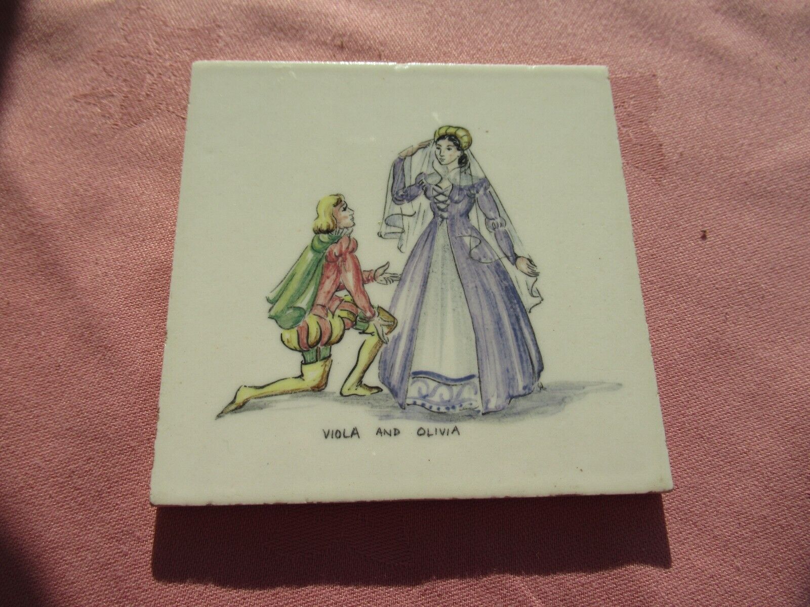 Retro Packard & Ord Tile.Viola and  Olivia. Shakespeare Characters. 1953. 10cm.