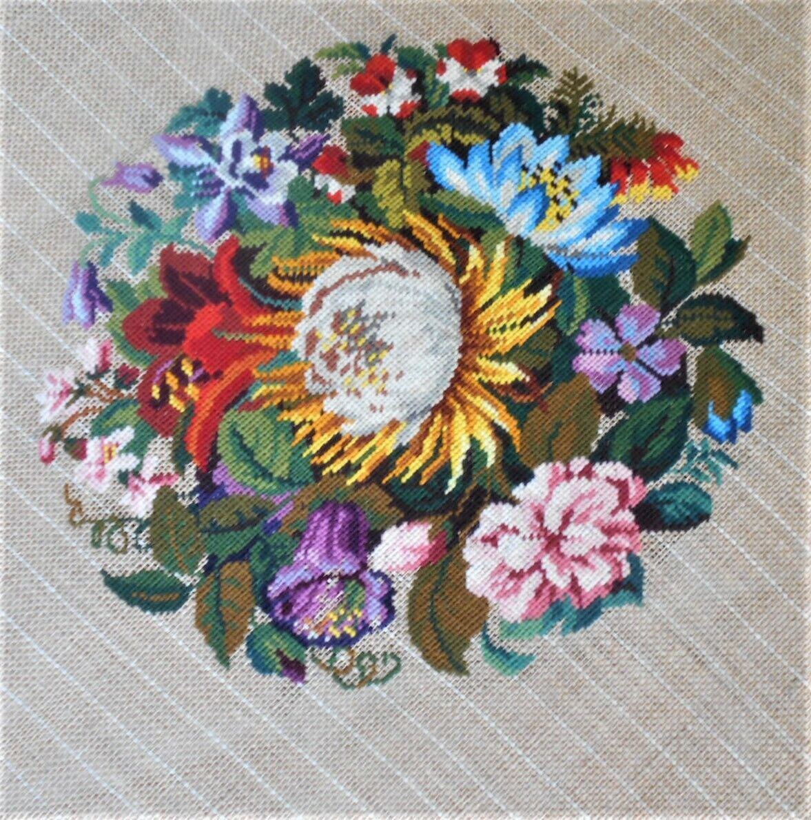 ANTIQUE, EXQUISITELY WORKED PETIT POINT PANEL ON NATURAL FINE CANVAS'