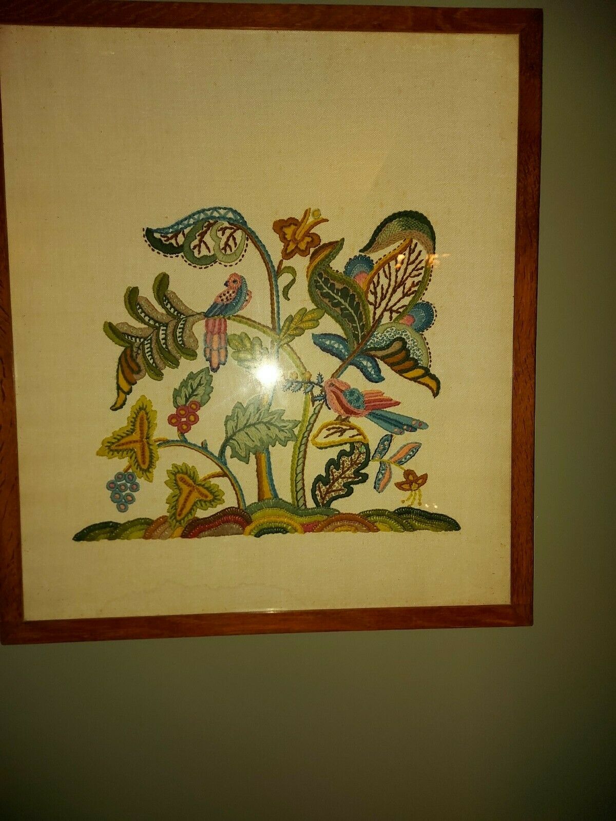 Crewel tapestry picture in original oak frame  - Vintage