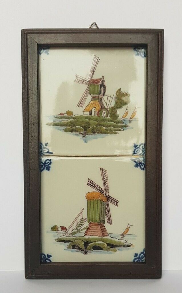Pair of Vintage Framed Delft Tichelaar Makkum Tiles from Holland with Windmills