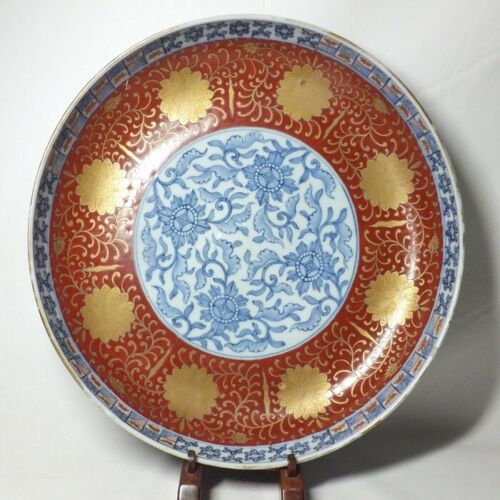 E4953: Real Japanese OLD IMARI colored porcelain BIG plate of popular KINRAN-TE