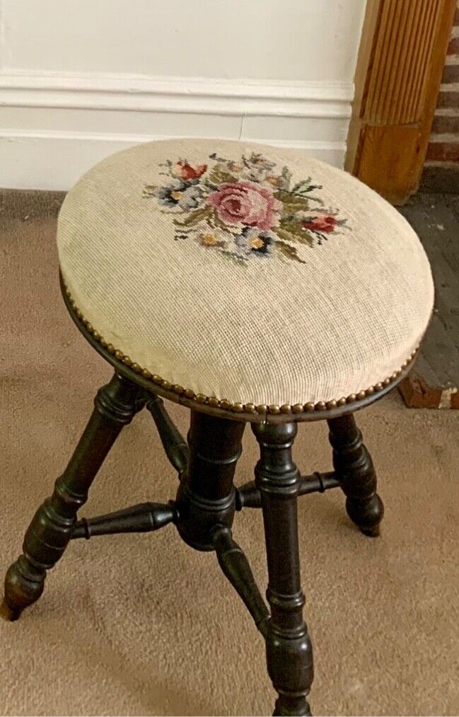 Beautiful antique height adjustable Tapestry piano stool