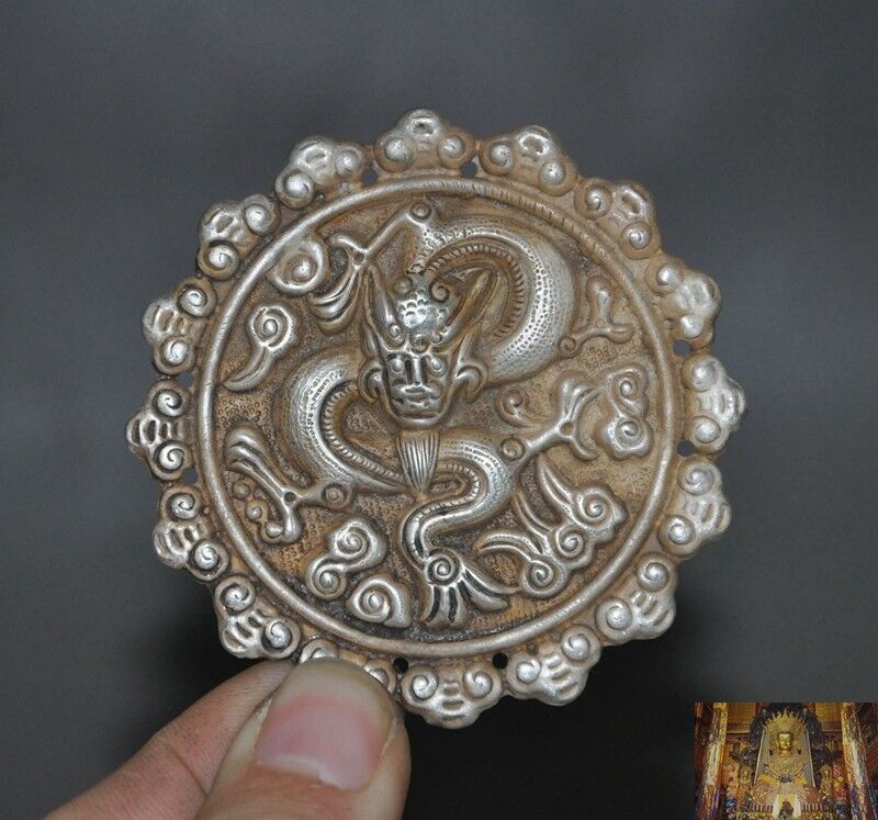 Collect Old China Tibetan Silver Exorcism Dragon Statue Necklace amulet Pendant