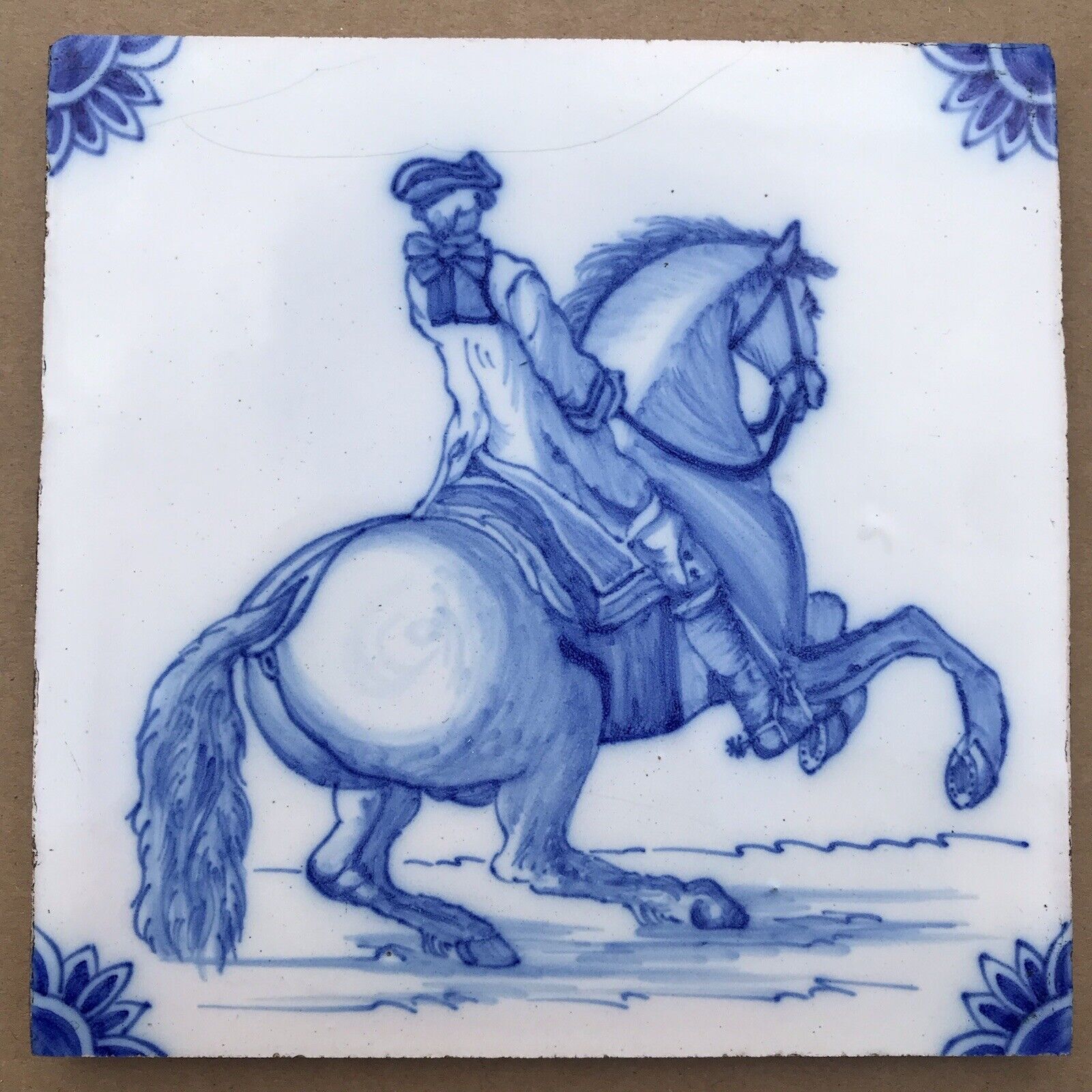 Antique delft tile depicting horserider cavalier possibly C17/18th