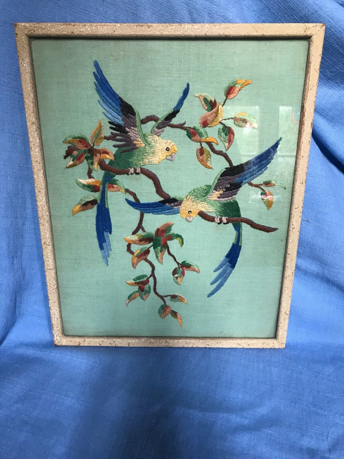 Vintage Embroidered Picture Of Two Colourful Birds On Branch