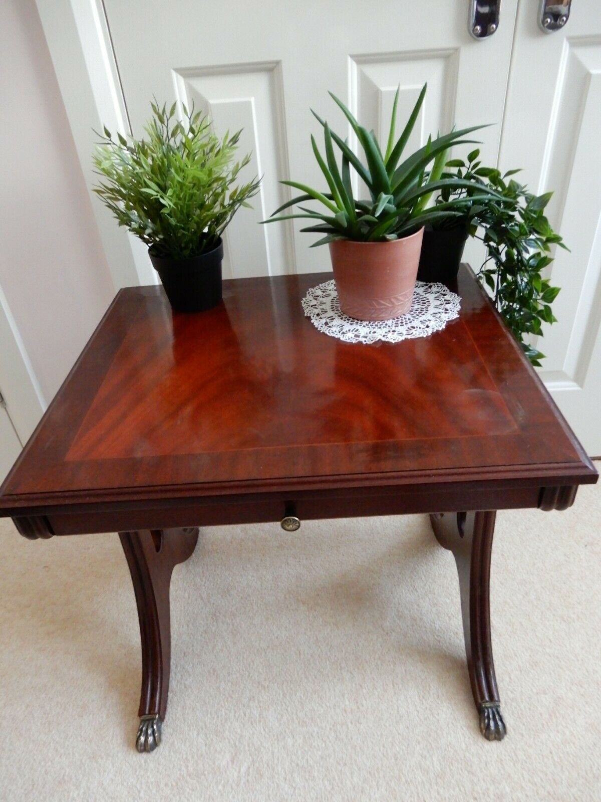 1970's Side Table, Regency Style, Mahogany Veneered Top, Paw Feet, Pull-out Tray