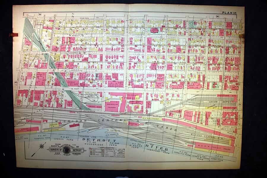 Detroit Plat Map 1915 Riverfront Michigan Central RR Yards Union Depot Baist