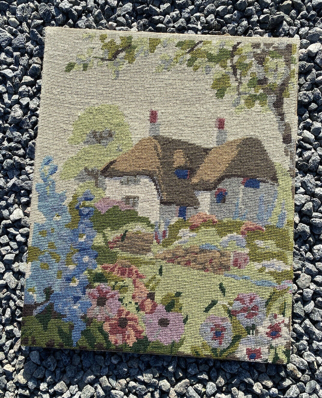 Vintage Antique Tapestry Beautiful Stitching Country Cottage Garden