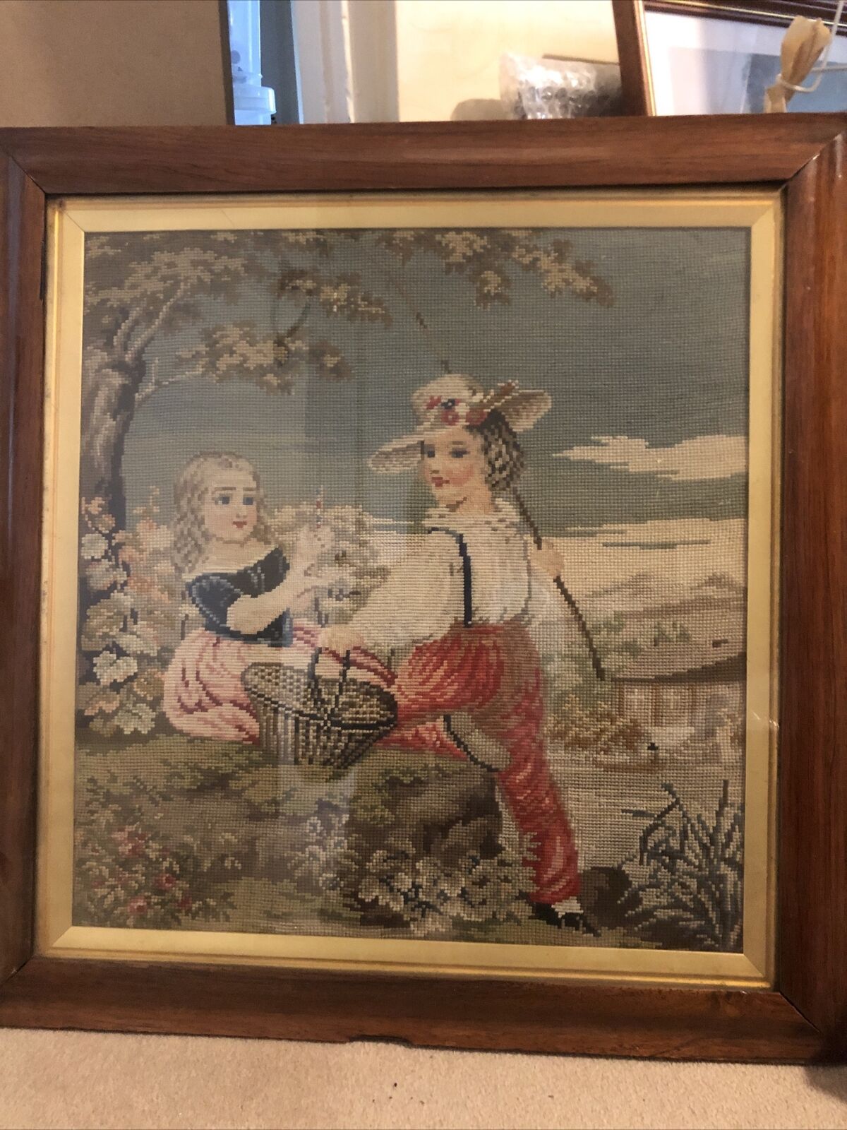 Antique Needlework Picture In Wool