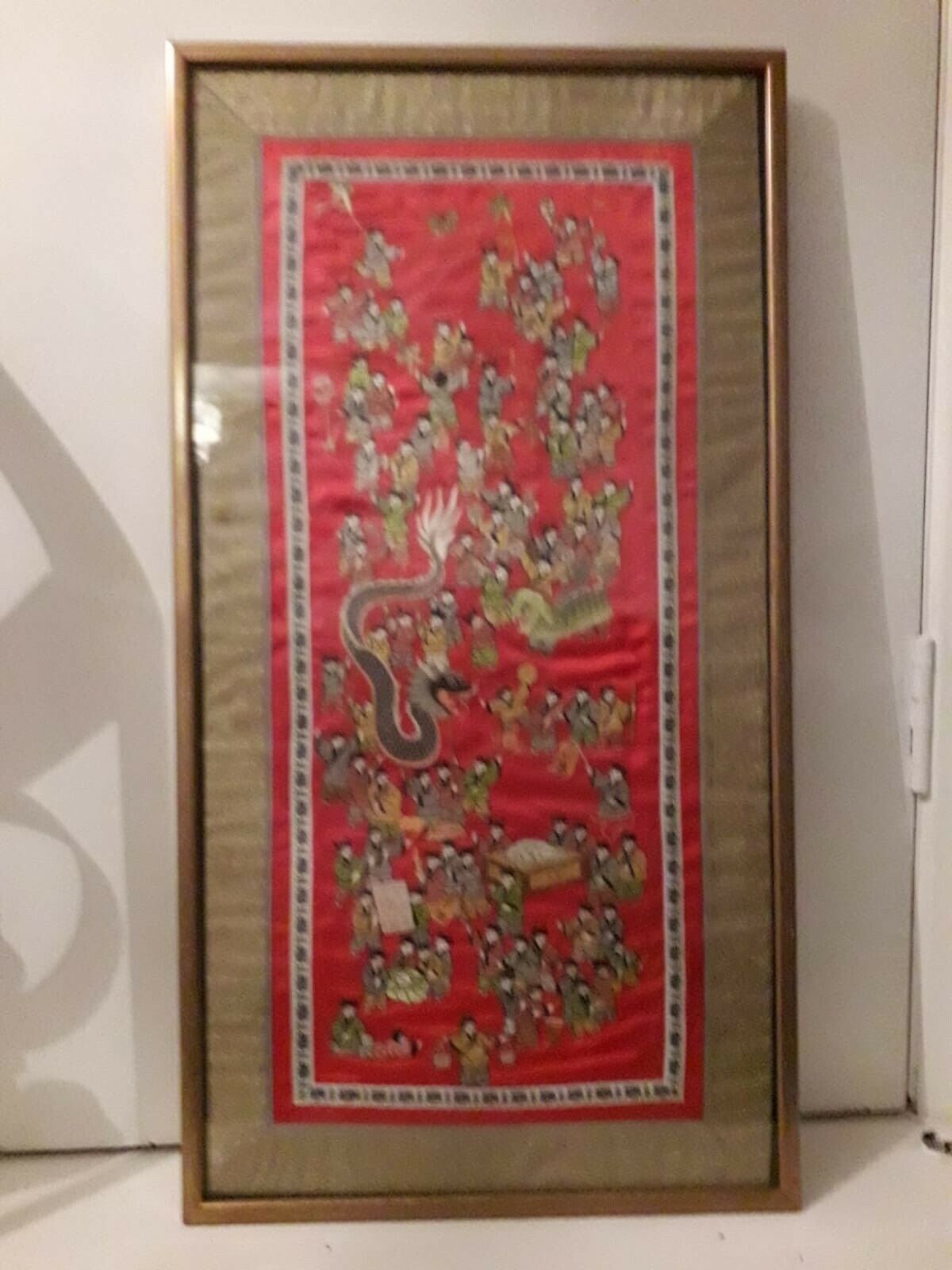 Vintage and Ornate Oriental Silk Hand Embroidered Tapestry Framed Panel