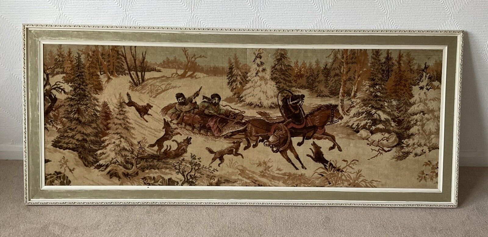 Antique Valuations: vintage framed massive TROIKA Russian themed tapestry / carpet picture 183x65cm