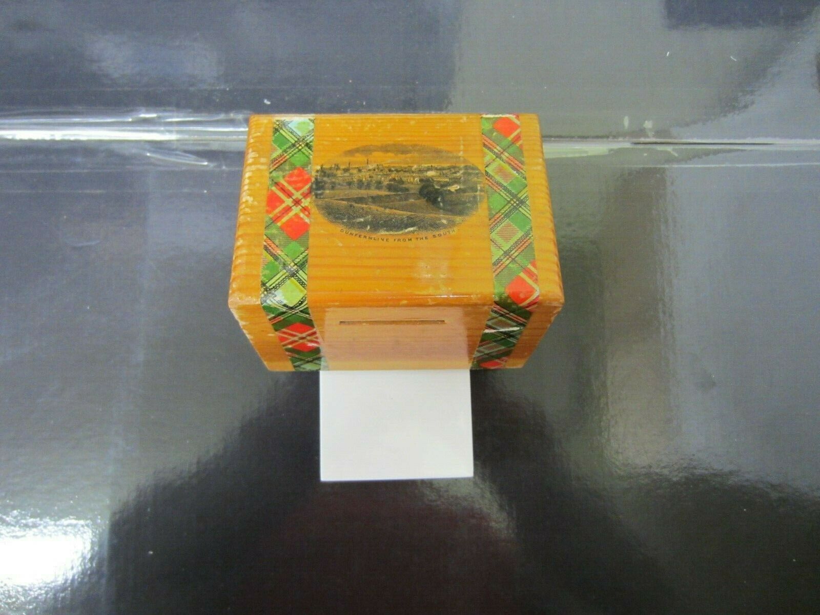 Antique Valuations: Transfer Tartan Ware Money Box with view of Dunfermline Mauchline Ware