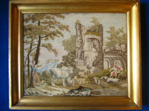 Antique Valuations: Fine19thc needlewor/tapestry of a classical scene castle ruins figures &animals