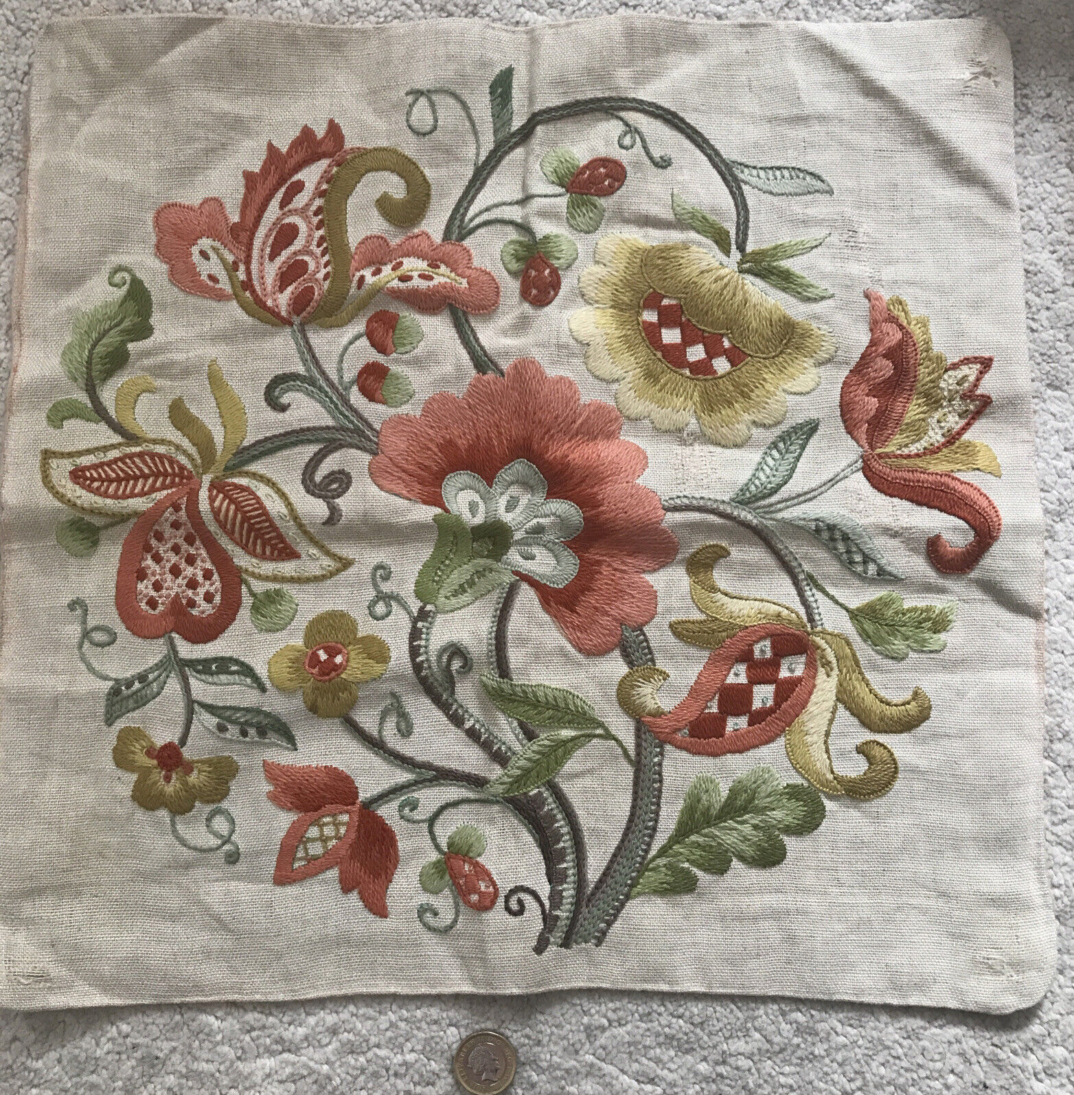 Antique Valuations: Antique hand embroidered botanical flower patterned cushion frontal