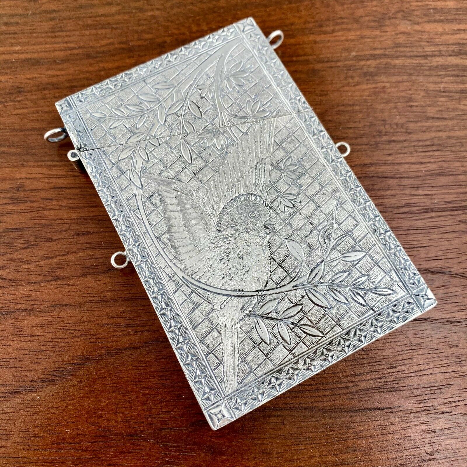 Antique Valuations: HEAVY GAUGE AESTHETIC COIN SILVER CARD CASE INTRICATELY ENGRAVED BIRD - NO MONO