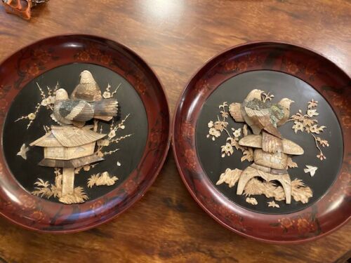 Antique Valuations: Pair of two Meiji Period Shibayama Chargers - bone and mother of pearl