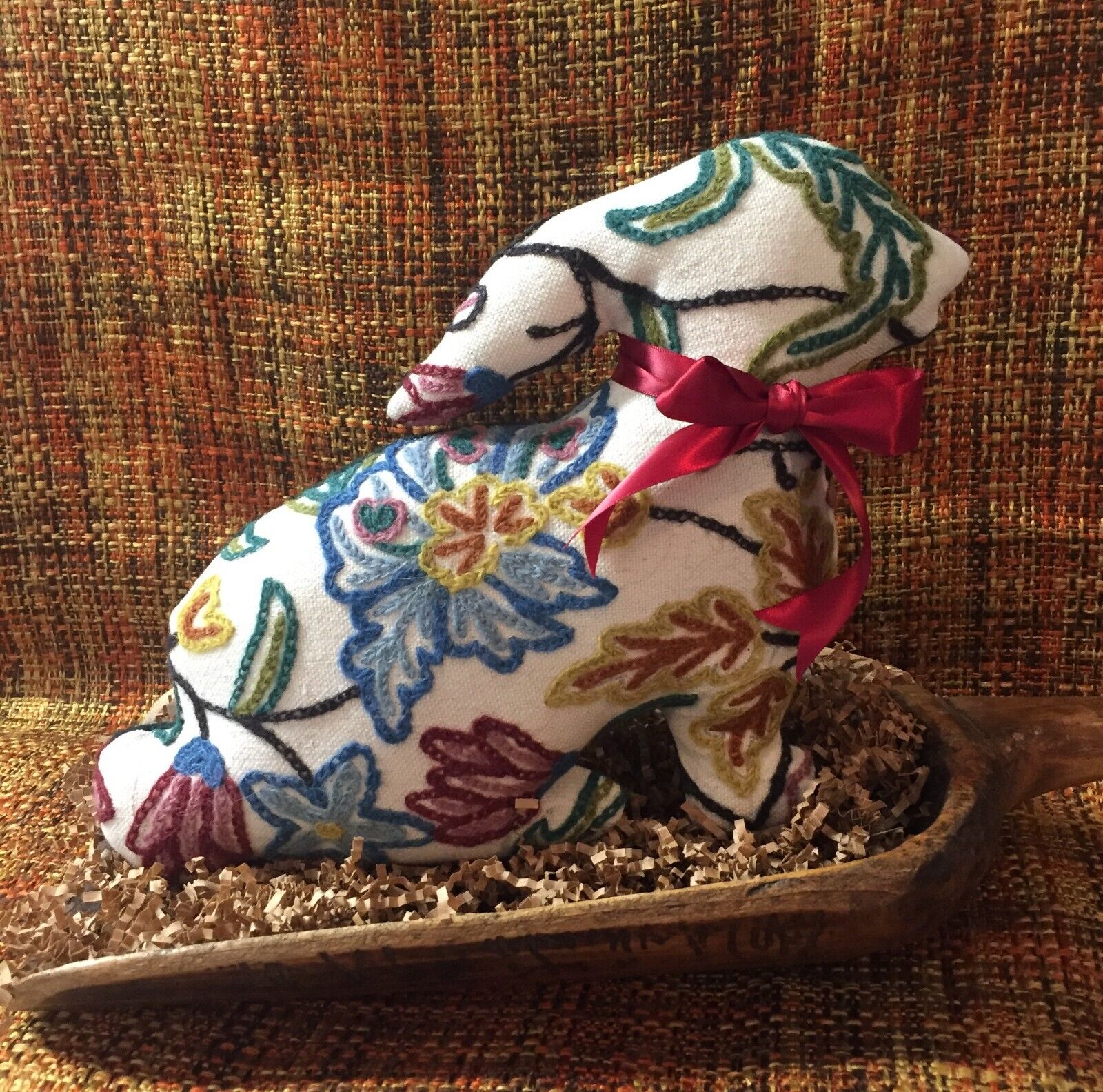Antique Valuations: Vintage Wool Crewel Embroidered Jacobean Rabbit Pillow ~Teal, Gold, Maroon, Rust