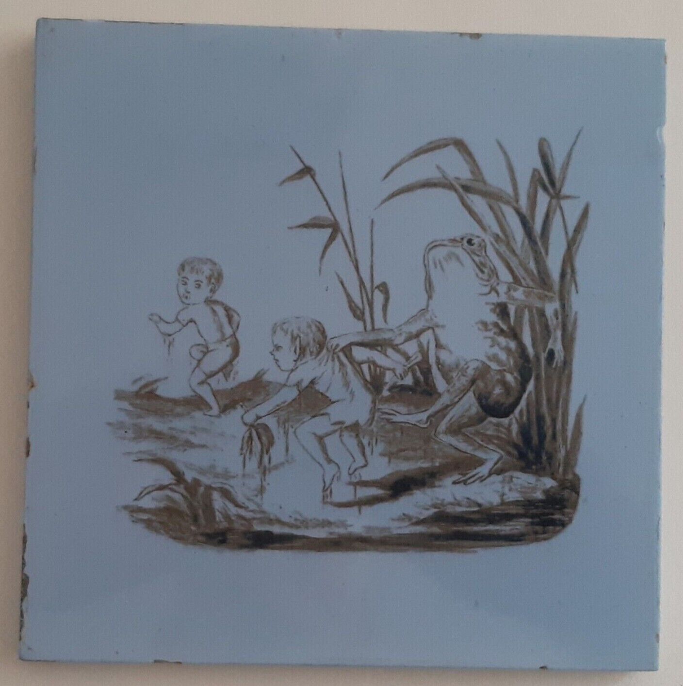 Antique Valuations: Antique tile of Imps or Elves with Frog by Minton Hollins about 1890