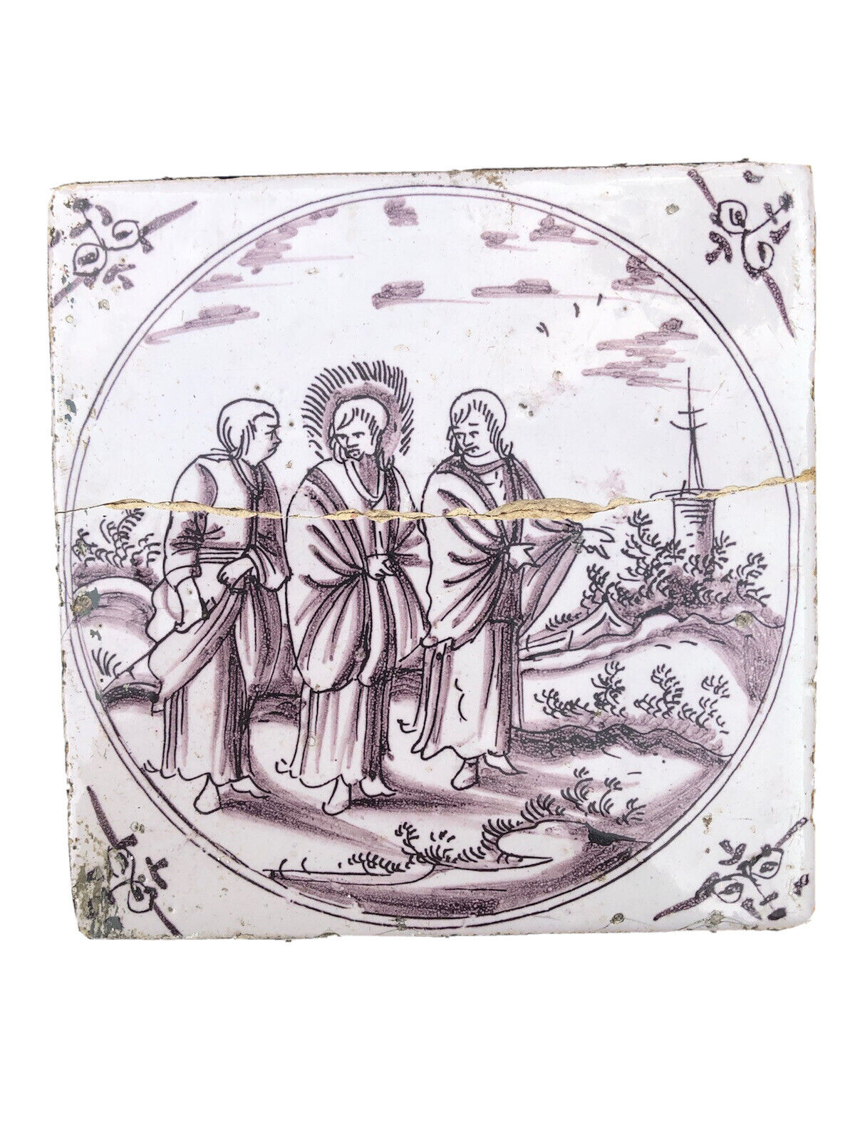 Antique Valuations: 18th Century Delft manganese tile with biblical scene  21/684A