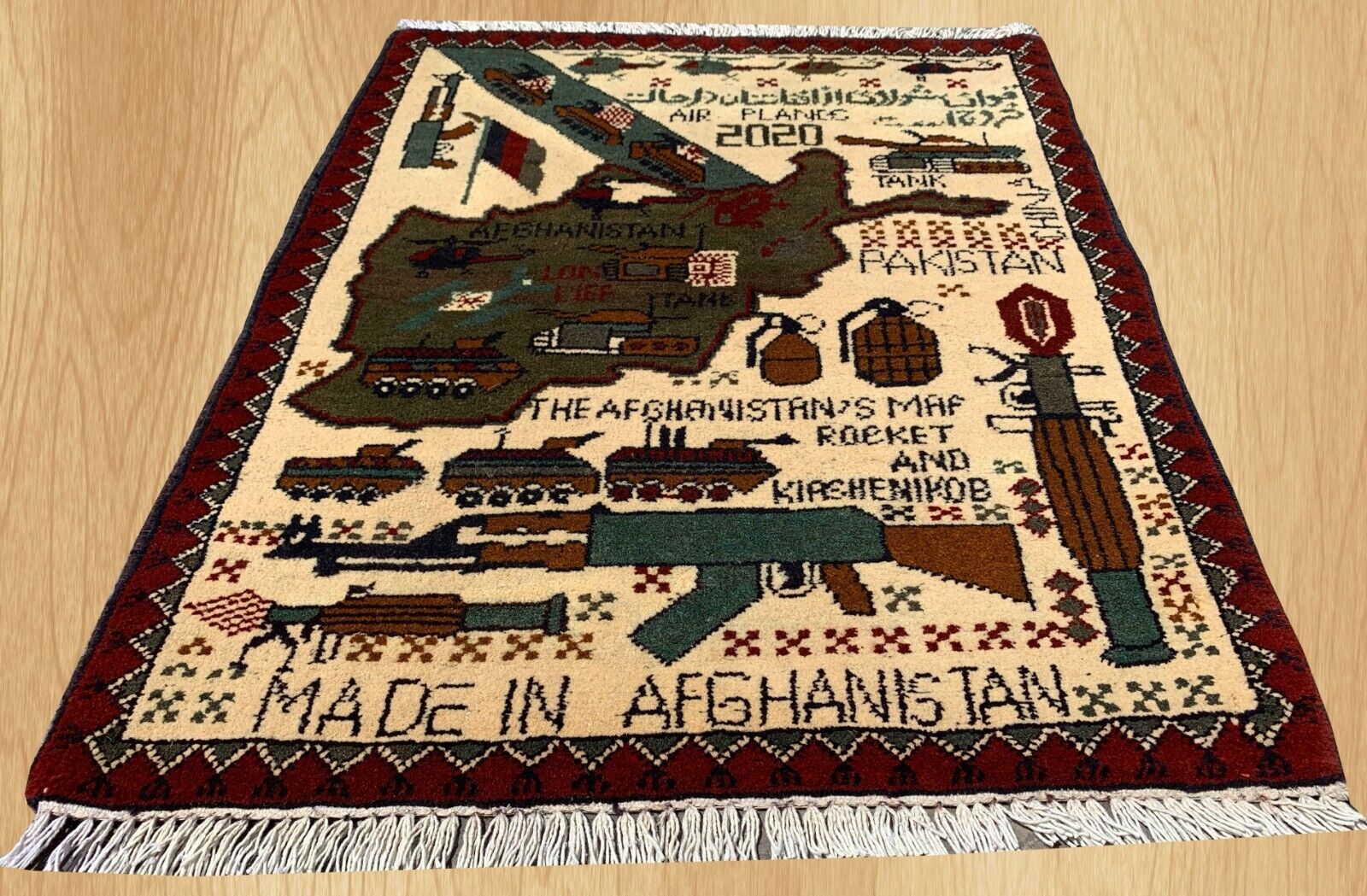 Antique Valuations: Hand Knotted Afghan War Tank A K 47 Balouch Wall Hanging Wool Area Rug 2.7 x 2.0