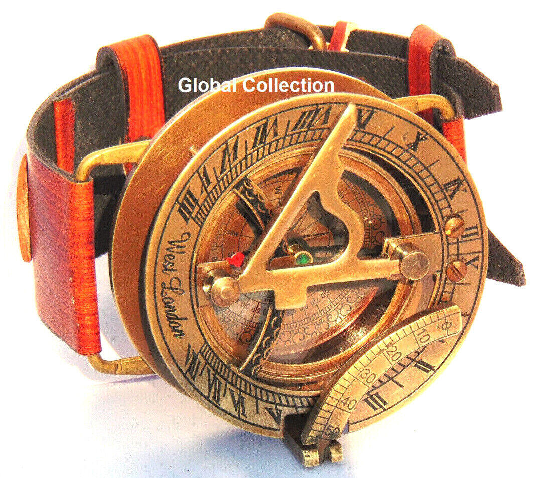 Antique Valuations: Nautical Vintage steampunk watch style leather strap Wrist cuff Sundial compass