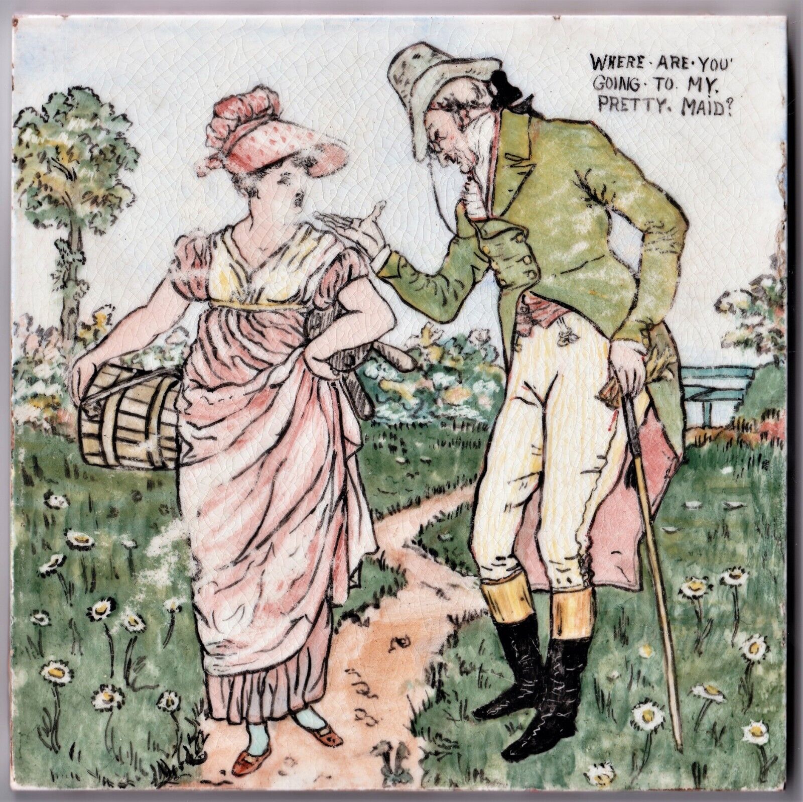 Antique Valuations: OVERGLAZE HAND PAINTED WALTER CRANE WHERE ARE YOU GOING MY PRETTY MAID?