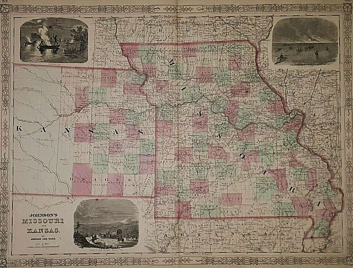 Antique Valuations: Old Civil War Era 1864 Johnson's Atlas Map ~ KANSAS - MISSOURI ~ Original
