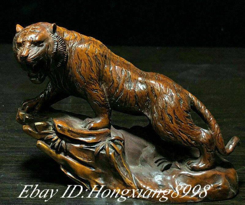 Antique Valuations: Old Chinese Folk Boxwood Wood Hand Carved Lucky Animal Tiger Statue Sculpture