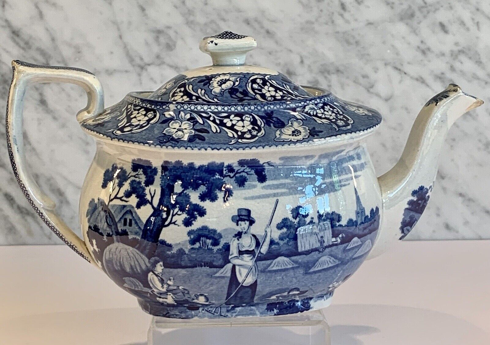 Antique Valuations: Staffordshire Pearlware Transferware Haymaker Rake Teapot c. 1825